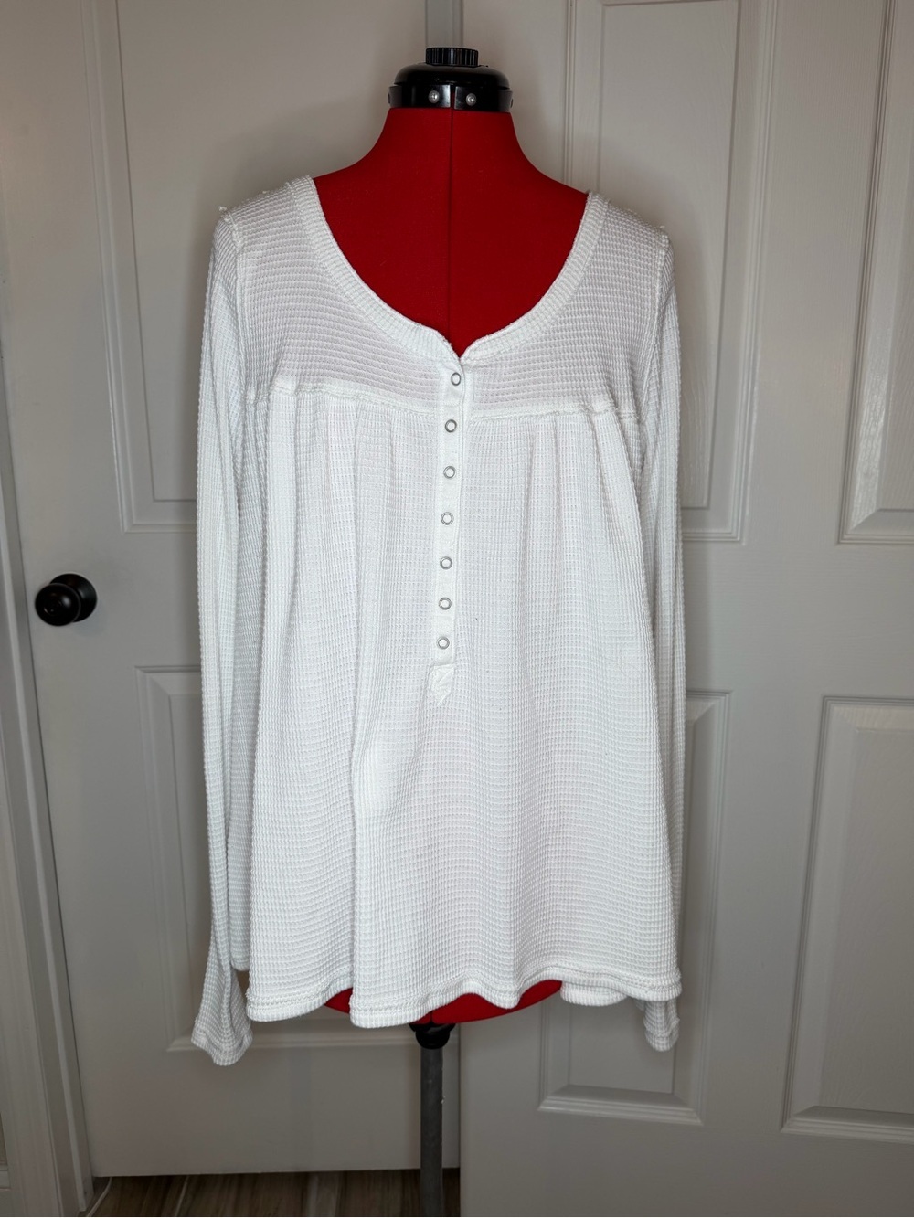Free People We The Free Kai Henley Waffle Knit Long Sleeve Top White Women M-L?